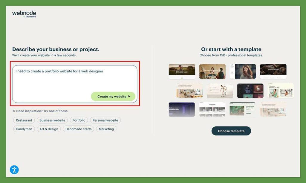 webnode prompt to start creating a website