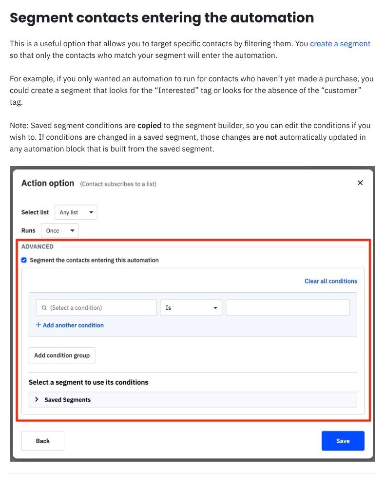 ActiveCampaign help example for segmenting contacts entering an automation