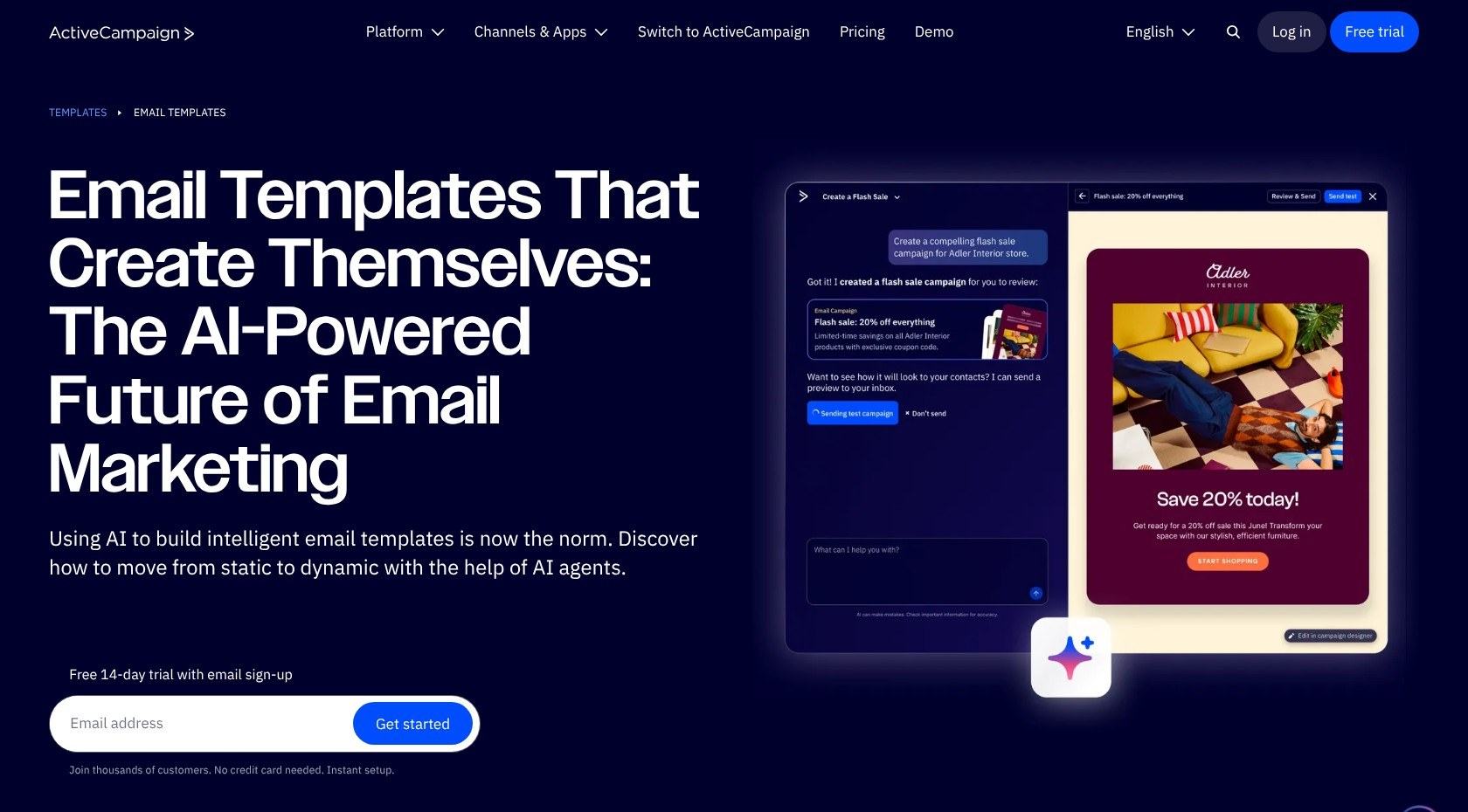 ActiveCampaign email templates page with a branded promotional email example
