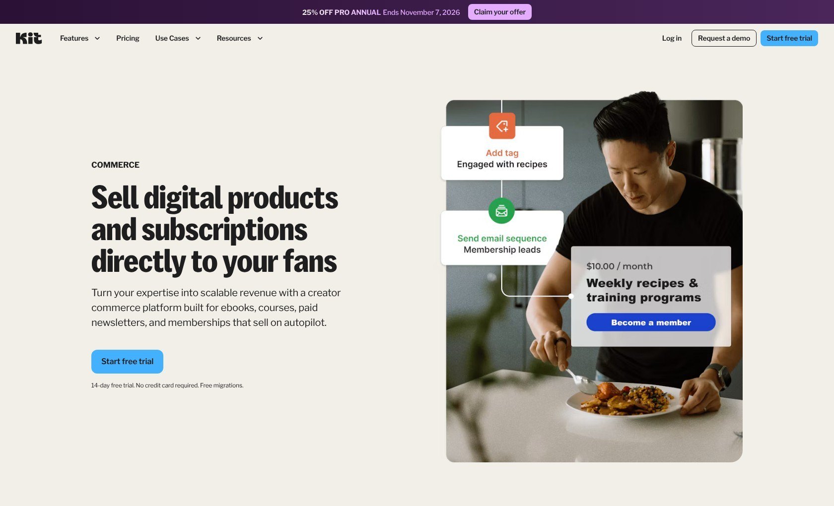 Kit Commerce page showing digital products and subscriptions