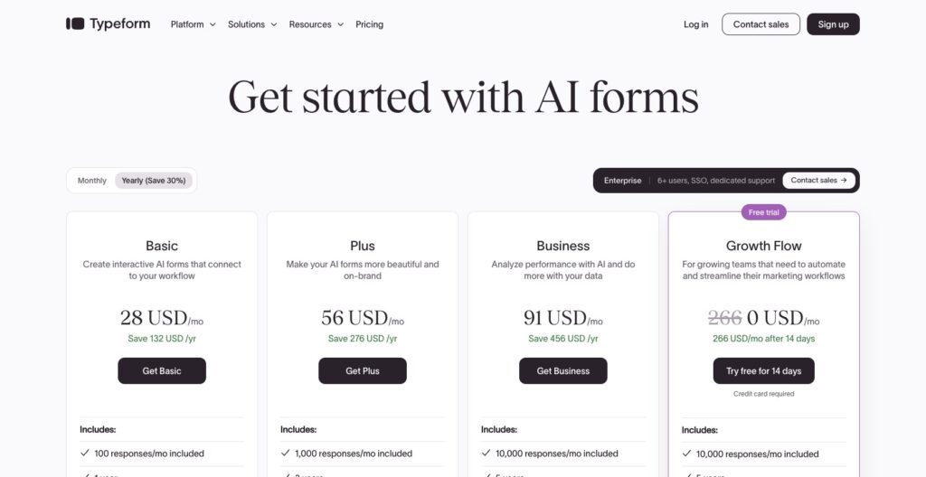 Typeform pricing plans in USD
