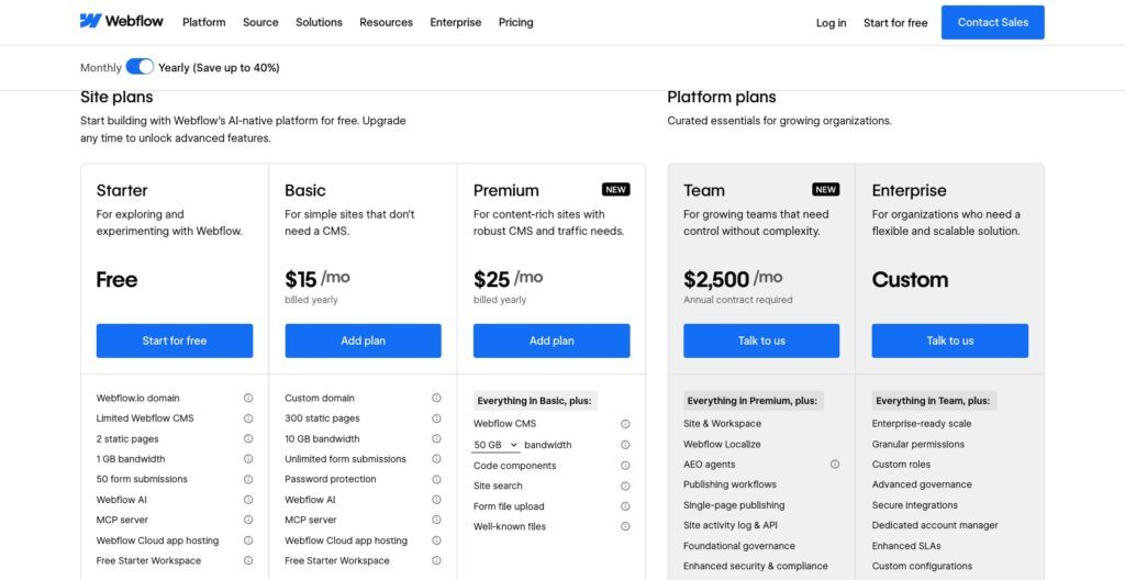 webflow pricing