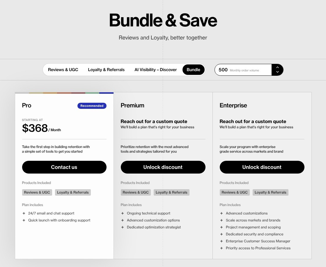 Yotpo Reviews and Loyalty bundle pricing at 500 orders